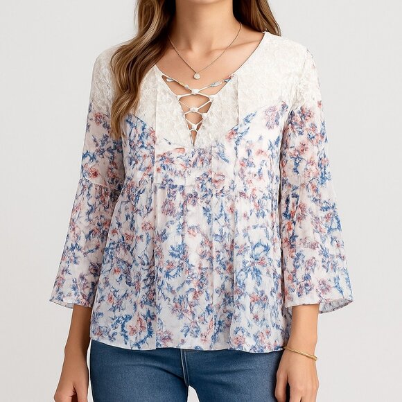 Decree Lace Floral Babydoll Sheer Blouse Womens M Boho Y2K Festival Peasant Top - Picture 1 of 15